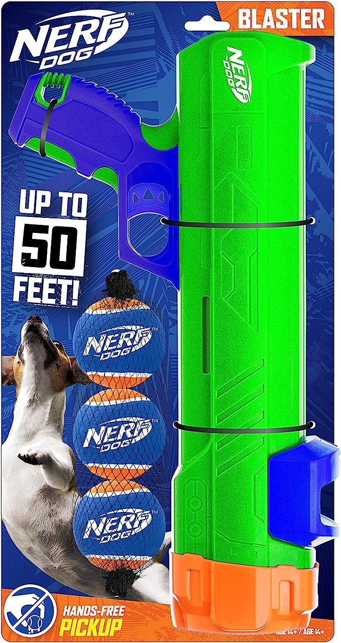 Nerf Dog Tennis Ball Blaster Dog Toy, 16 Inch Blaster with 3 Balls, Green